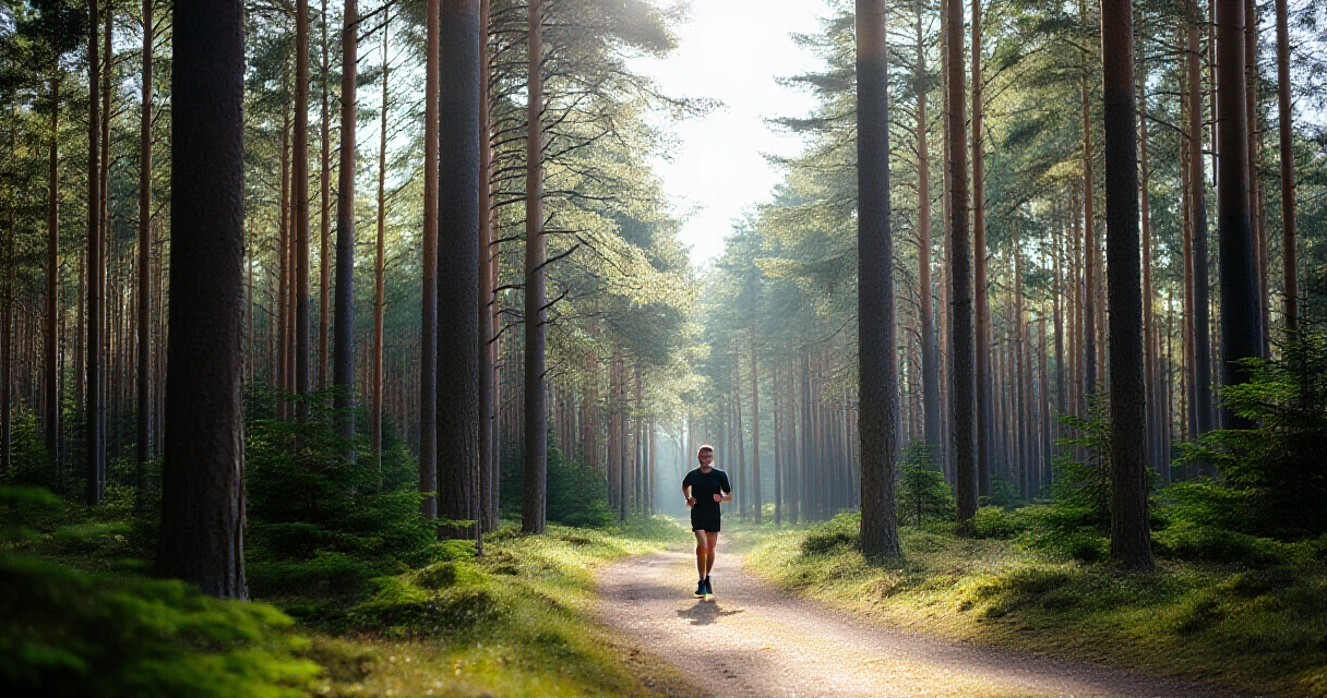 Juoksija metsäpolulla aamuvalaistuksessa rauhallisella peruskestävyysvauhdilla