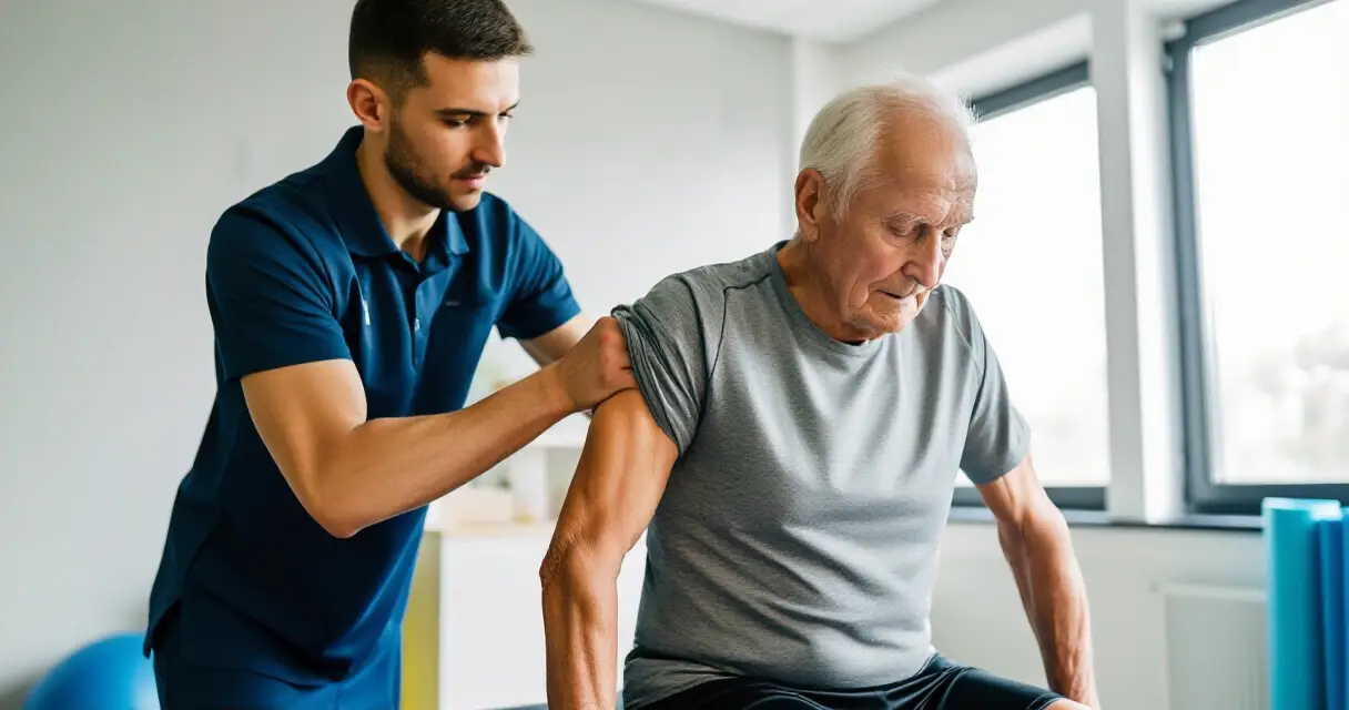 Fysioterapeutti auttaa vanhusta kuntoutusharjoituksissa valoisassa klinikassa