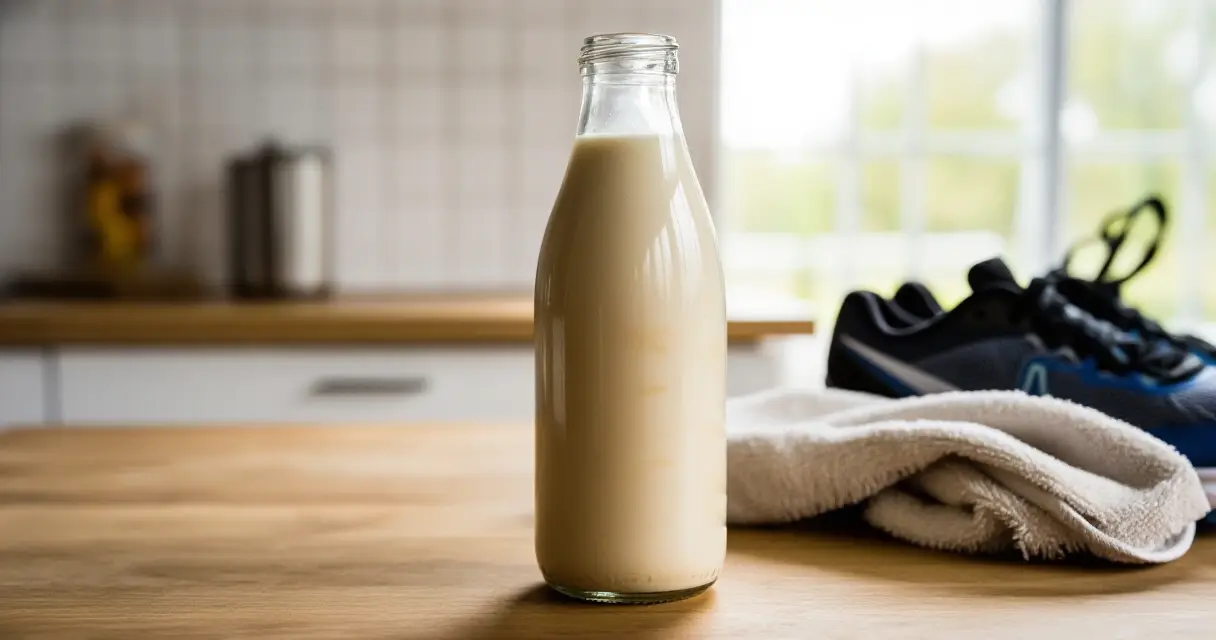 Fermentoitu palautusjuoma lasipullossa urheiluvälineiden vieressä luonnonvalossa