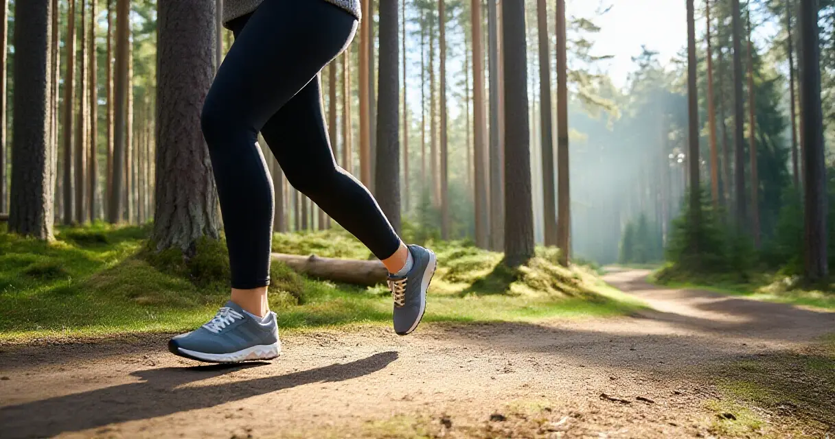 Aloitteleva juoksija metsäpolulla aamuauringossa