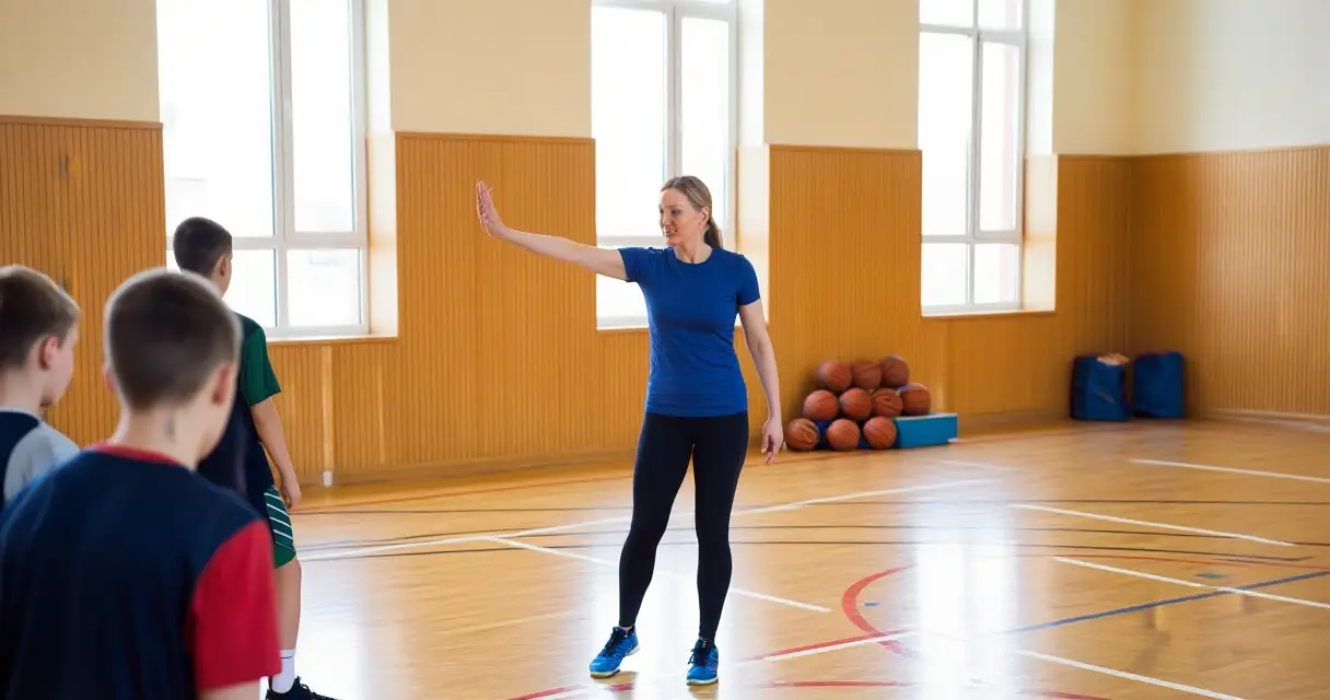 Liikunnan ja terveystiedon opettaja ohjaa oppilaille harjoitusta koulussa