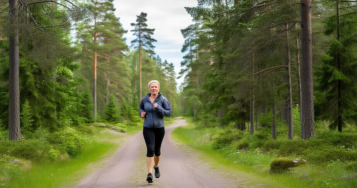 Nainen lenkkeilee metsäpolulla kesällä – liikunta ehkäisee syöpää