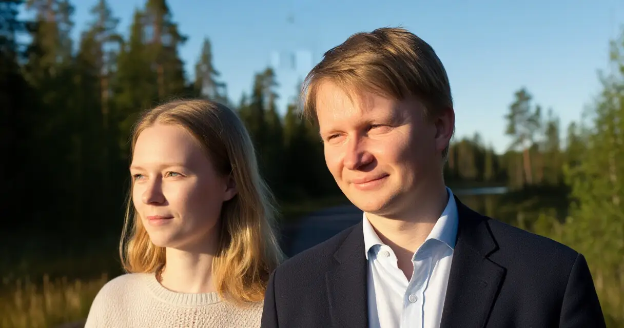 Kaksi aikuista kävelee reippaasti metsäpolulla syksyisessä Suomessa