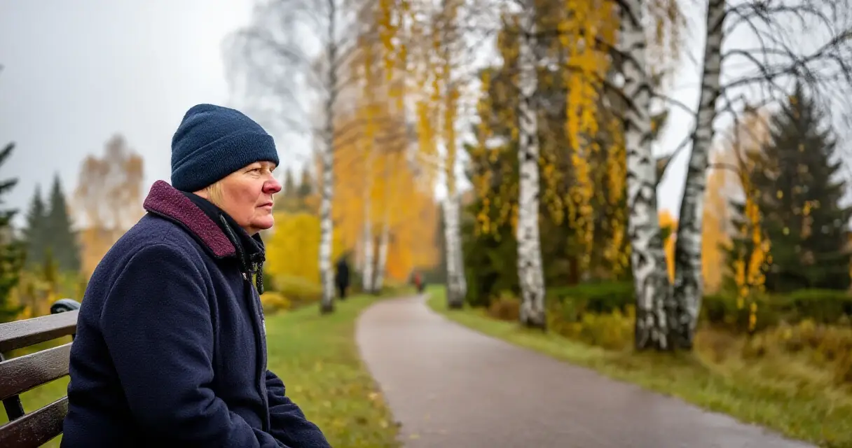 Aikuinen istuu puistonpenkillä syksyisessä koivumetsässä ja katsoo kävelypolkua