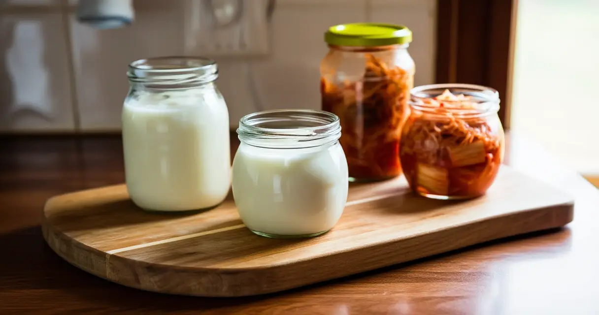 Fermentoituja ruokia – kefir, kimchi ja hapankaali – lasipurkeissa keittiötasolla