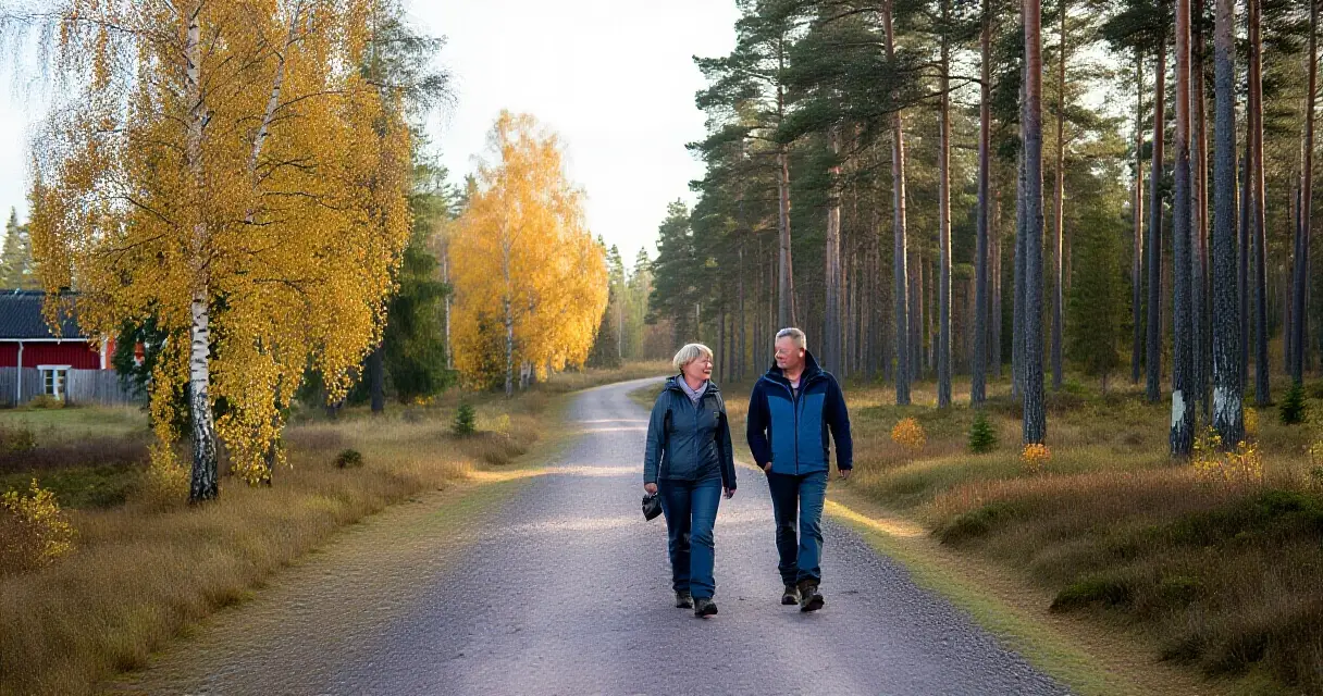 Pariskunta k&auml;velylenkill&auml; mets&auml;polulla syksyisess&auml; maalaismaisemassa