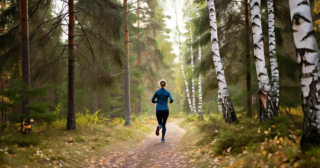 Juoksija polulla syksyisessä suomalaisessa metsässä