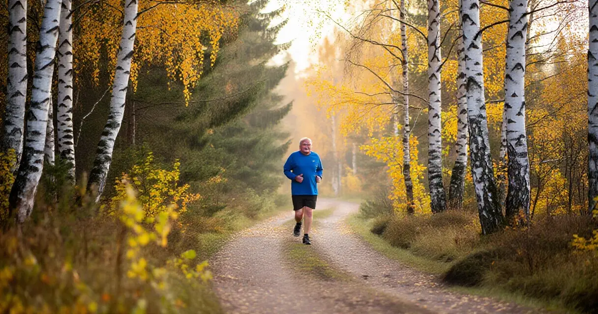 Keski-ikäinen henkilö juoksemassa syksyisellä metsäpolulla koivujen keskellä